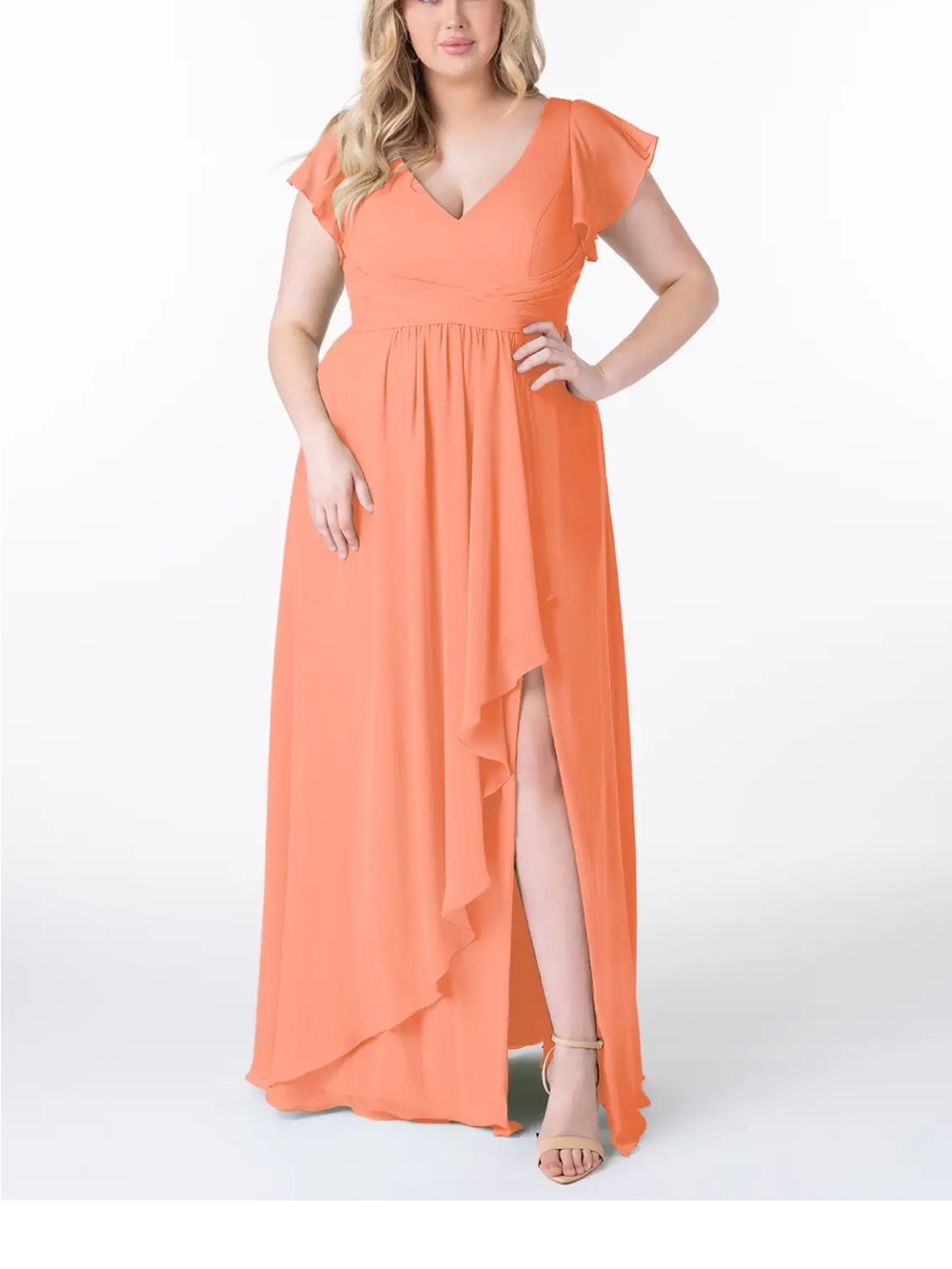 Azazie Sunset Omari High-Low V-Neck Bridesmaid Dress with Flutter Sleeves Size 2